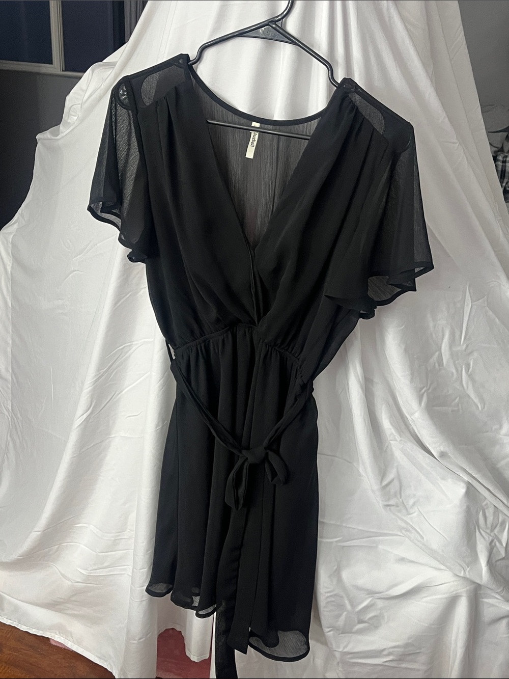 Black Wrap Midi Dress with Tie Waist